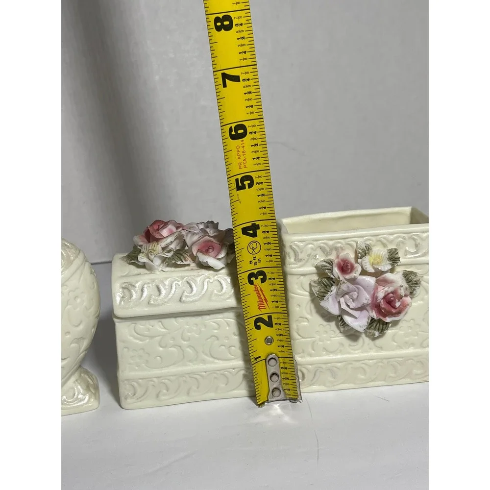 Vintage 90s Ceramic Vanity Set Cottagecore Heart Vase Trinket Box Brush Holder